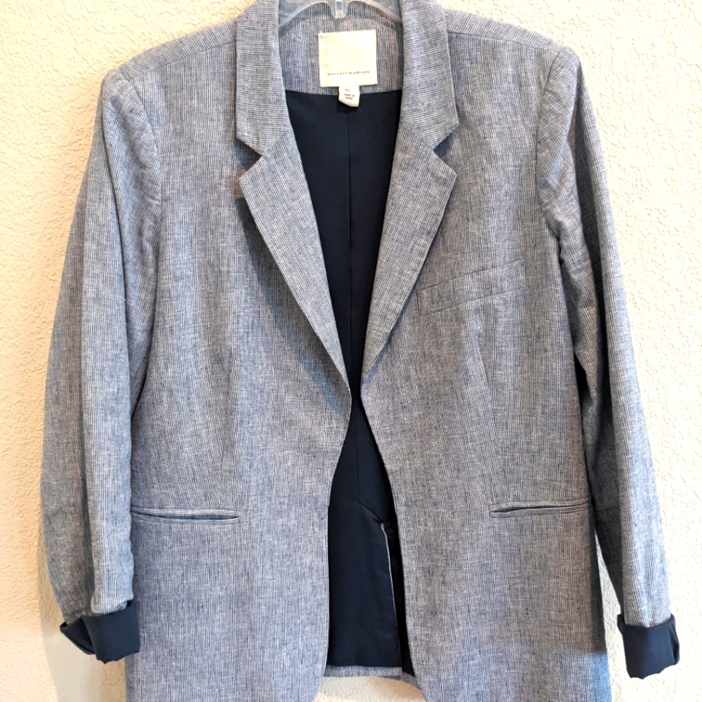 Ladies Navy Blue Linen Blend Blazer